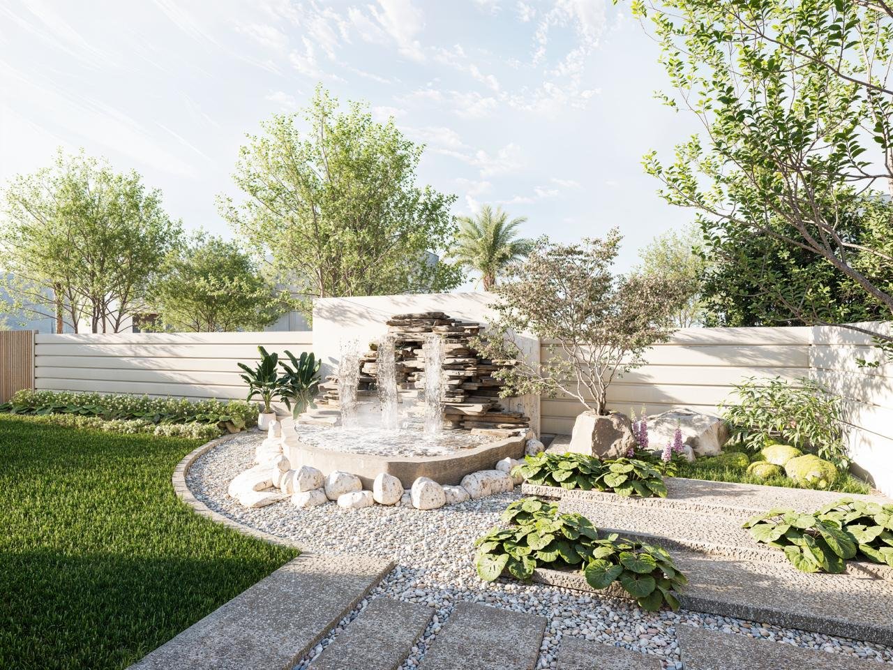 Backyard landscape with water feature